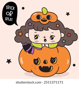 Halloween girl witch on giant pumpkin jack o lantern spooky character. Series: kawaii cartoon (trick or treaters) drawing Kids party holiday festival. Perfect makes a wish for background and shirt.