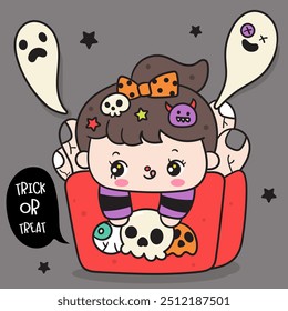 Halloween girl witch on spooky French fries character. Series: kawaii cartoon (trick or treaters) drawing Kids party holiday festival. Perfect makes a wish for background and shirt design.