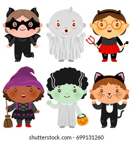 Halloween girls of different nationalities, costumes: bat, ghost, devil, green bride, witch, black cat, set of cartoon characters, vector, isolated illustration on a white background.
