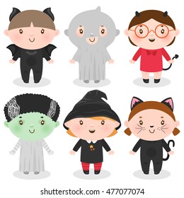 Halloween girls, set of characters, bat, ghost, devil, green monster, witch, black cat.