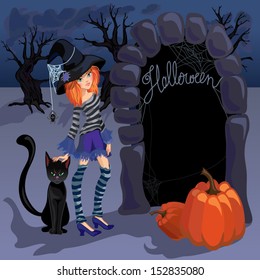 Halloween girl-witch with cat and pumpkins