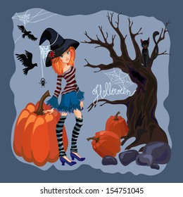 Halloween girl-witch with cat and pumpkins