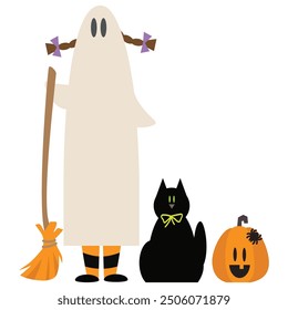 Halloween girly ghost, pumpkin and black cat vector cartoon illustration