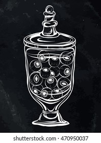 Halloween, Glass Bottles, potion, vector, handmade , Coloring book page design for kids and adults,Black background