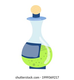 Halloween glass green potion bottle with bubbles. Happy halloween holiday. Poison bottle labeled. Decoration for horror night. Vector cartoon illustration.