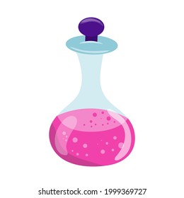 Halloween glass pink potion bottle with bubbles. Happy halloween holiday. Decoration for horror night. Vector cartoon illustration.