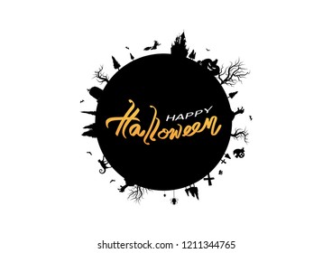 Halloween, globe circular design, poster logo banner vector, calligraphy letter, greeting card, party invitation silhouette creative isolated on white background