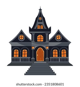 Halloween gloomy gray house with stairs, orange windows and a door. Gothic architecture in flat style. Cartoon haunted house. Vector illustration.