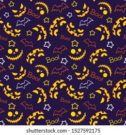 Halloween gloomy vector seamless pattern. Scary smiles, bats boo decorative dark blue background. Creepy and spooky texture for autumn holiday. Halloween creative wallpaper, textile, print design idea