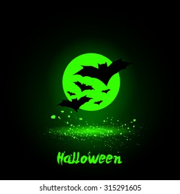 Halloween glowing neon bats on moon background