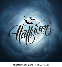 Halloween glowing night background with the moon, bats. Calligraphy, Lettering. Vector illustration EPS10