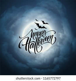 Halloween glowing night background with the moon, bats. Calligraphy, Lettering. Vector illustration EPS10