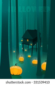 Halloween glowing pumpkin in moon light spooky forest  swamp illustration