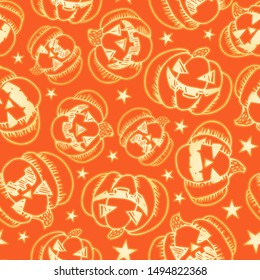 Halloween glowing pumpkins, stars, orange line isolated pattern vector illustration for design and decoration. Jack O Lanterns repeat tile for invitations, fabric and wrapping paper.