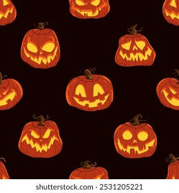 Halloween glowing pumpkins vector cartoon seamless pattern background.