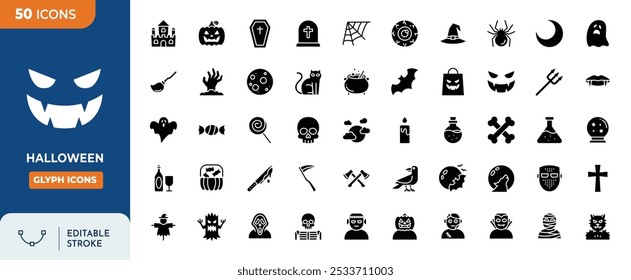 Halloween Glyph Editable Icons set. Halloween icons Pixel perfect. Contains such Icons as monster such as angle of death, Dracula, mask of murderer, bat, ghost, black cat, candy, wolf, skull and more