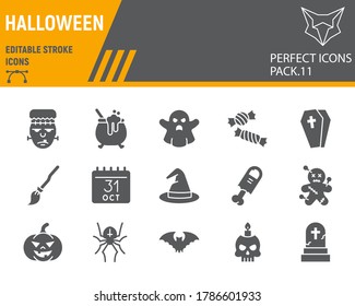 Halloween glyph icon set, holiday symbols collection, vector sketches, logo illustrations, halloween icons, horror signs solid pictograms, editable stroke