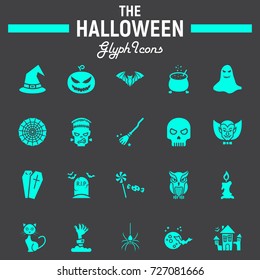 Halloween glyph icon set, scary symbols collection, horror holiday vector sketches, logo illustrations, party signs solid pictograms package isolated on black background, eps 10.
