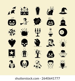 Halloween Glyph Icon Set – Spooky Line Vector Symbols of Pumpkin, Ghost, Bat, Witch, Skull, Spider, and Haunted Elements for Seasonal Design, Party Graphics, and Holiday Illustration Projects