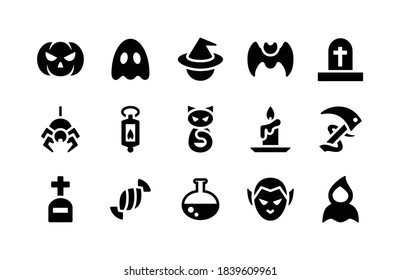 Halloween glyph icons including Pumpkin, Ghost, Hat, Bat, Grave, Spider, Lamp, Cat, Candle, Sickle, Grave, Candy, Potion, Vampire, Ghost