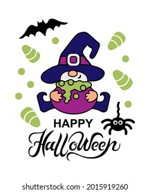 Halloween gnome, baby witch with cauldron on white background. Handwriting lettering Happy Halloween. Vector illustration.