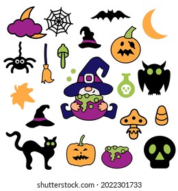 gnomo de Halloween, bruja bebé con elementos de diseño de brujería sobre fondo blanco. Conjunto de ilustraciones vectoriales.