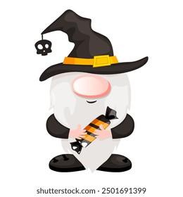 Halloween gnome with a candy in his hands. Halloween Gnome calendar design vector. Cute Happy Halloween Vector illustration