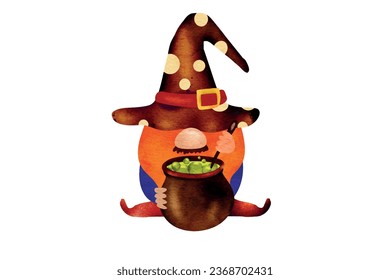 Halloween Gnome with cauldron, creepy and cute vector illustration. Cute Watercolor clip art element, ready to print. Perfect for invitation, card, poster, banner, children products, decorations