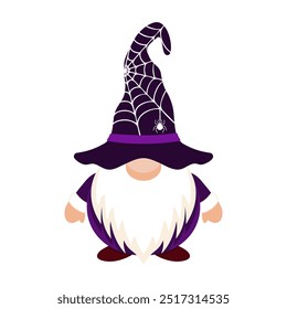 Gnome de Halloween com chapéu de teia de aranha. Personagem feliz com chapéu roxo cobrindo os olhos com barba branca como símbolo festivo do carnaval vetorial