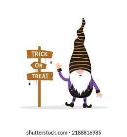 Halloween gnome. Cute scandinavian dwarf with sign trick or treat. Dwarf celebrate spooky night. Happy holiday poster. Vector illustration in flat cartoon style.