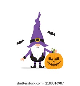 Halloween gnome. Cute scandinavian dwarf with scary pumpkin. Dwarf celebrate spooky night. Happy holiday poster. Vector illustration in flat cartoon style.