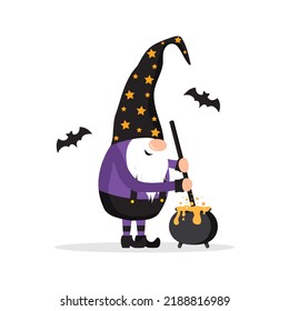 Halloween gnome. Cute scandinavian dwarf with pot of potion. Dwarf celebrate spooky night. Happy holiday poster. Vector illustration in flat cartoon style.