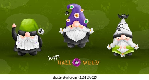 Halloween Gnome ghost, watercolor illustration. Three gnome - dwarf on Halloween clothes
