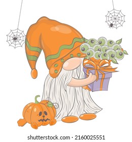 Halloween gnome illustration with pumpkin. Vector illustration of Halloween. Cute little illustration Halloween gnome for kids, fairy tales, covers, baby shower, textile t-shirt, baby book.