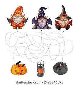 Halloween Gnome Maze. Who gets what? - visual game for children vector illustration. Educational preschool labyrinth with gnomes. Printable worksheet on a page