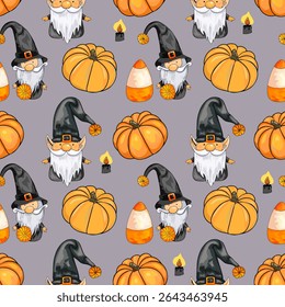 Dia das Bruxas Gnome Pattern com abóboras e doces. Desenho animado sem costura Gnome Design em fundo cinza