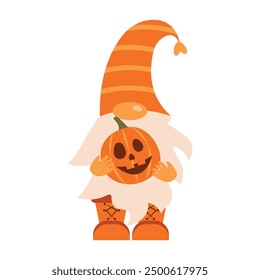 Halloween gnome with pumpkin in hands hand drawn. Vector illustration of cute Halloween gnome perfect for postcard, banner, invitation, sticker