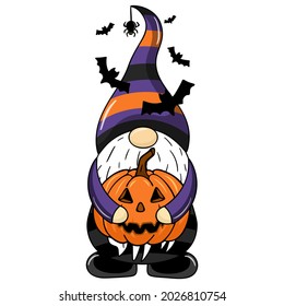 Halloween gnome and pumpkin in his hands  Halloween Gnome t shirt design vector  Cute Happy Halloween Vector illustration  