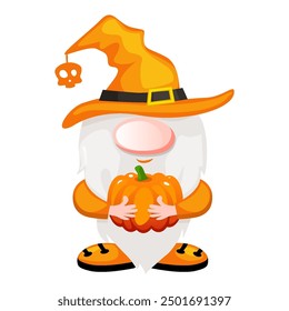 Halloween gnome with a pumpkin in his hands. Halloween Gnome calendar design vector. Cute Happy Halloween Vector illustration