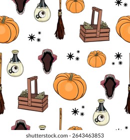 Halloween Gnome and Pumpkin Repeating Pattern on White. Cartoon Halloween Seamless Background with Webs and Props