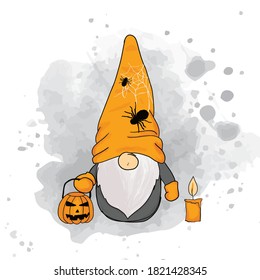 Halloween Gnome and Pumpkin in watercolor style. Vector illustration.