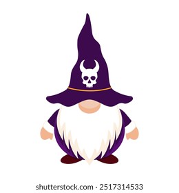 Halloween gnome with skull cap. Happy warlock character in purple hat covering his eyes with white beard as festive symbol of vector carnival