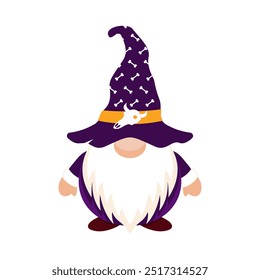 Nome de Halloween com crânio e boné de ossos cruzados. Personagem feliz da festa com chapéu roxo cobrindo seus olhos com barba branca como símbolo festivo do carnaval vetor