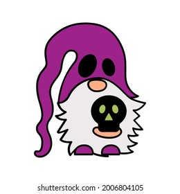 Halloween gnome with skull is on white background.