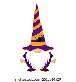 Nome de Halloween com chapéu listrado com aranha. Personagem de férias com chapéu amarelo roxo cobrindo seus olhos com barba branca como símbolo festivo do carnaval vetorial