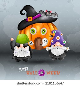 Halloween Gnome, watercolor illustration. Two Gnome on witch Halloween clothes. Magic Halloween
