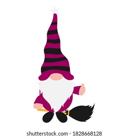 Halloween Gnome with white beard in holiday costume with broom in hands and striped hat. Isolated without background. Cute farmhouse gnome for invitation, greeting card, home decoration, promo 