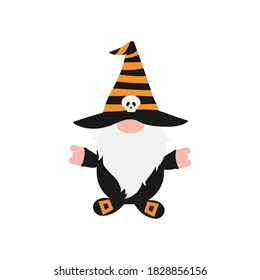 Halloween Gnome with white beard in holiday costume, rocking hands and skull on hat. Isolated without background. Cute farmhouse gnome for invitation, greeting card, home decoration, promo 