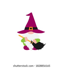 Halloween Gnome with white beard in holiday costume with broom in hands and wizard hat. Isolated without background. Cute farmhouse gnome for invitation, greeting card, home decoration, promo 