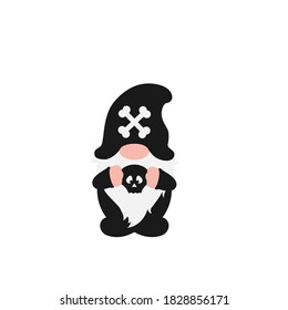 Halloween Gnome with white beard in holiday costume with skull in hands and bones on hat. Isolated without background. Cute farmhouse gnome for invitation, greeting card, home decoration, promo 